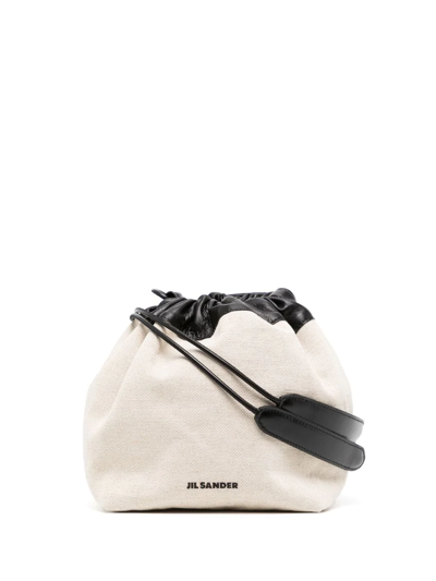 Jil Sander Leather-trim Drawstring Crossbody Bag In White