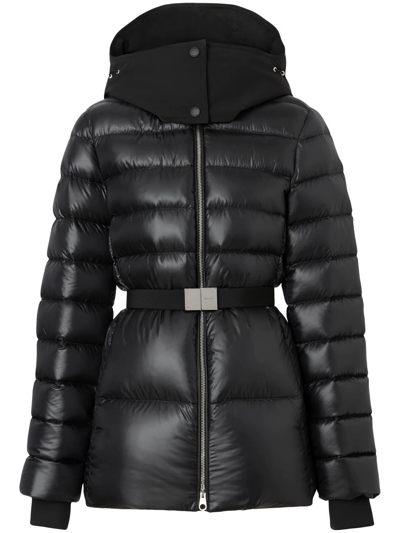 Burberry Contrast Hood Belted Puffer Jacket In Nero
