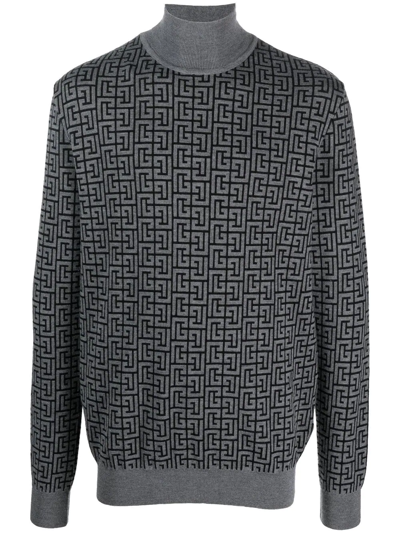 Balmain Intarsia-knit Roll-neck Jumper In Grau