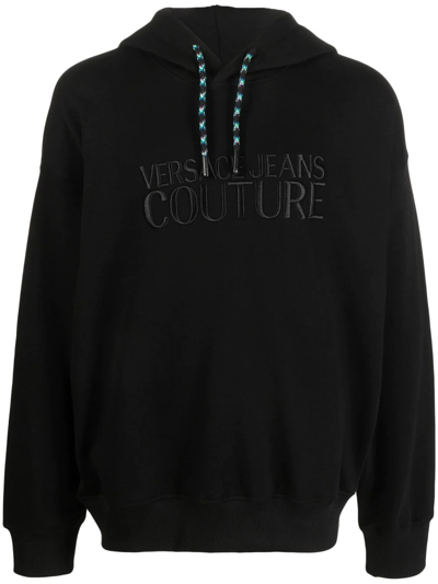 Versace Jeans Couture Logo-embroidered Drawstring Hoodie In E899 Black