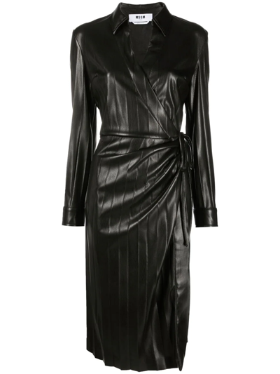Msgm Faux-leather V-neck Wrap Dress In Black