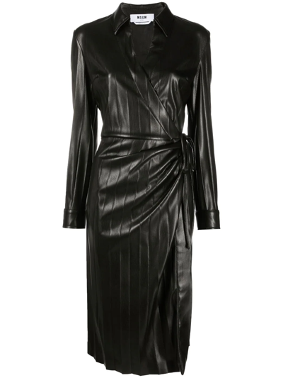 Msgm Faux-leather V-neck Wrap Dress In Nero