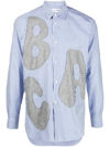 Comme Des Garçons Shirt Alphabet Wool Patch Detail Cotton Poplin Striped Button Up Shirt In Blau
