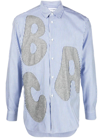 Comme Des Garçons Shirt Alphabet Wool Patch Detail Cotton Poplin Striped Button Up Shirt In Blue
