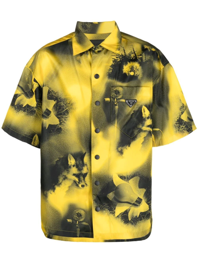 Prada Short-sleeved Printed Re-nylon Shirt In Yellow & Orange