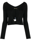 Jacquemus 'la Maille Pralu Longue' Black Ribbed Cardigan With Logo Charm Woman In Schwarz