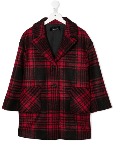 Monnalisa Kids' Plaid-print Button-up Single-breasted Coat In Black + Red