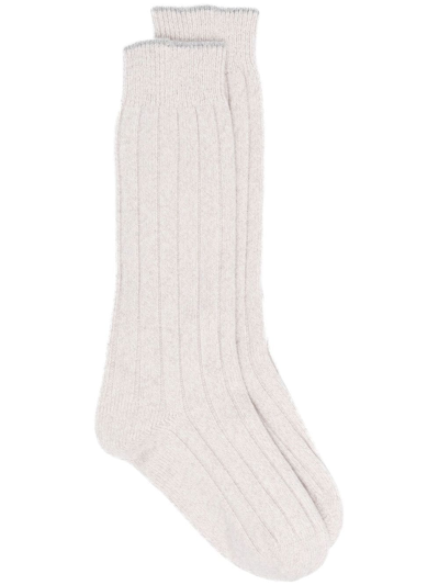 Eleventy Ribbed-knit Cashmere Socks In Neutrals