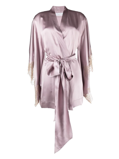 Carine Gilson Lace-detail Belted Silk Robe In Pink