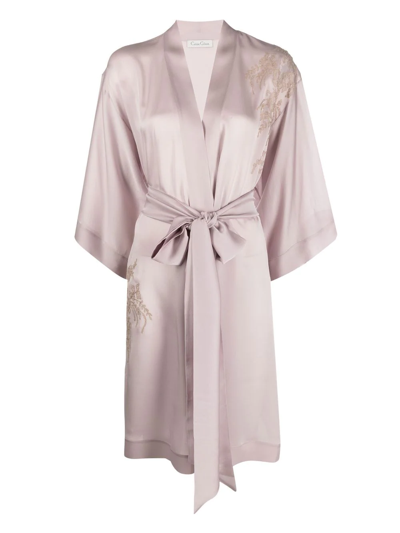 Carine Gilson Lace-applique Silk Robe In Purple