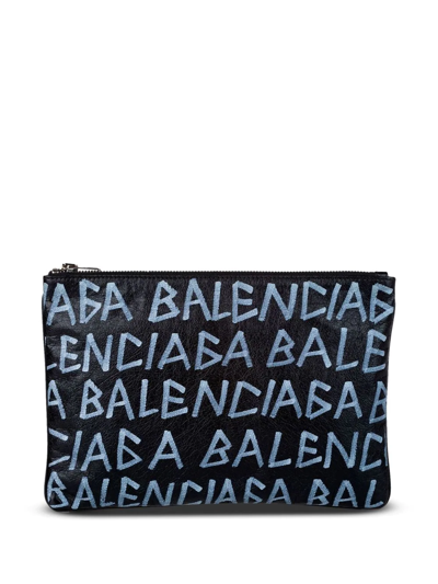 Pre-owned Balenciaga Logo-print Clutch Bag In Black