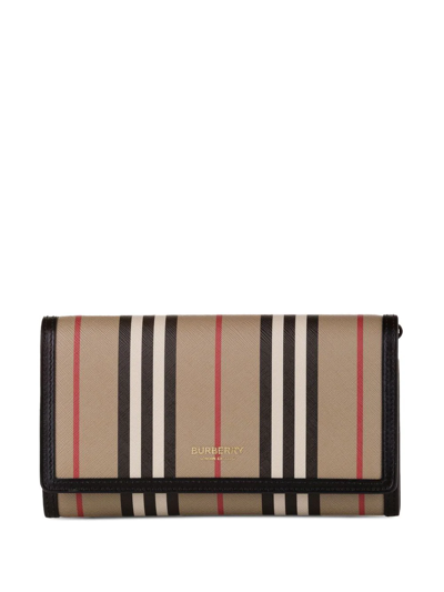 Pre-owned Burberry Icon Stripe Wallet On Strap In Brown