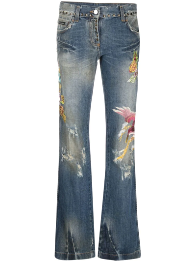 Pre-owned Dolce & Gabbana 2000s Embroidered Bootcut Jeans In Blue