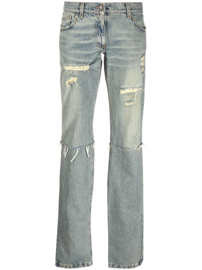 Pre-owned Dolce & Gabbana 2000s Distressed Straight-leg Jeans In Blue