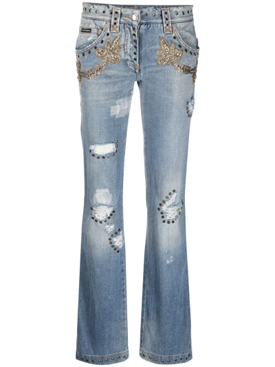 Pre-owned Dolce & Gabbana 2000s Embroidered Distressed Jeans In Blue
