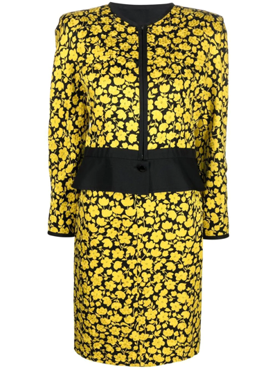 Pre-owned Valentino 1980s Floral-print Silk Dress And Jacket Set In Black