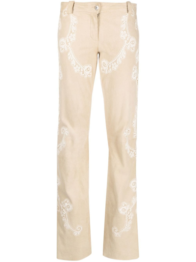 Pre-owned Dolce & Gabbana 1990s Crochet-detailing Suede Trousers In Neutrals