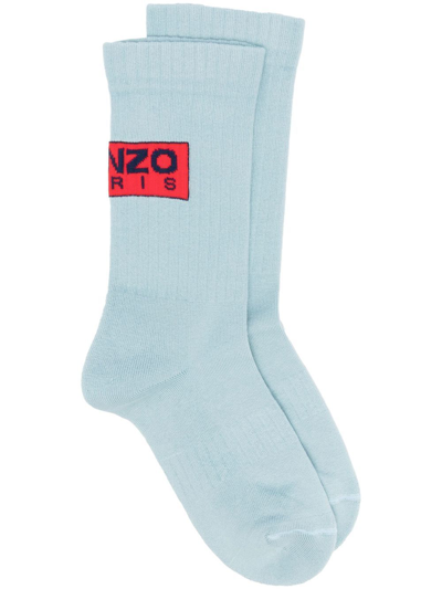 Kenzo Logo-patch Rib-knit Socks In Blue