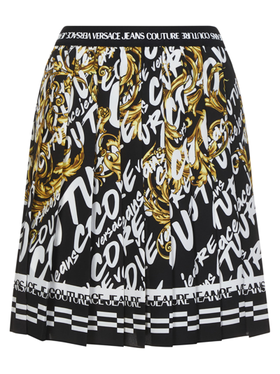 Versace Jeans Couture Pleated Mini Skirt Brush Couture Print In Black