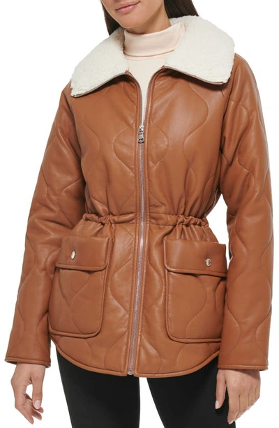 Kenneth Cole New York Faux Fur Trimmed Quilted Faux Leather Anorak Jacket In Cognac