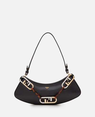 Fendi O'lock Embellished Leather Shoulder Bag In Black