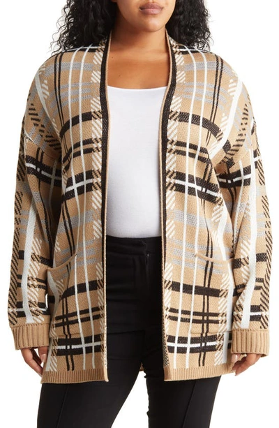 By Design Willow Plaid Pocket Cardigan In Taupe/ White/ Black