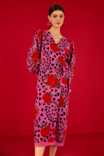farm rio knit midi dress Wrap-front Intarsia-knit In Snake Fruit Pink ballet tutu