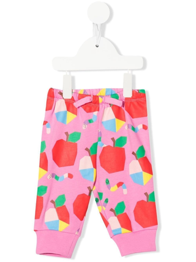 Stella Mccartney Babies' Fleece Apples And Worms Print Joggers In Pink