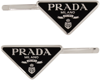 Prada Logo Triangle Metal Hair Clips Set Of Two In Black