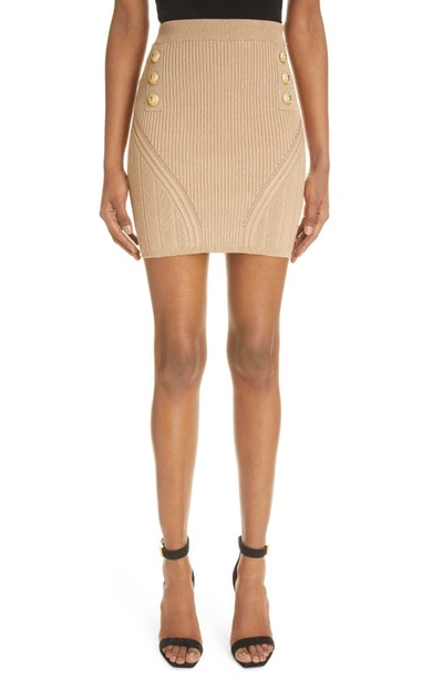 Balmain Six-button Ribbed Miniskirt In Camel