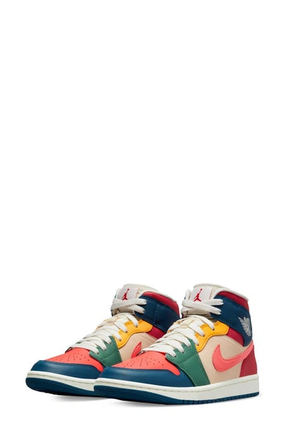 Jordan Air  1 Mid Se Basketball Sneaker In French Blue/ Ember/ Red/ Beach