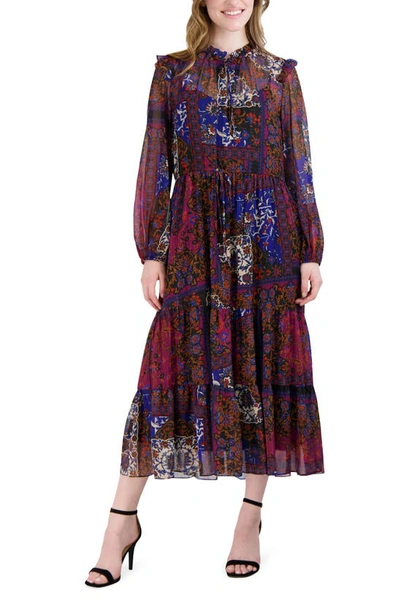 Julia Jordan Floral Print Long Sleeve Drawstring Waist Midi Dress In Black Multi