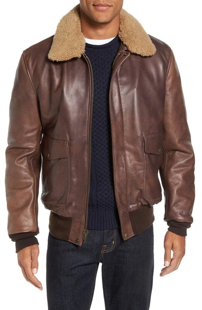 Schott Cowhide Bomber Jacket With Genuine Shearling Collar In Brown