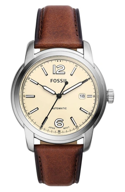 Fossil Men's Heritage Automatic Brown Leather Strap Watch 43mm In Cream/brown