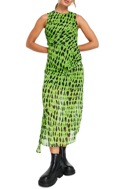 Topshop Blurred Spot Print Gathered Midi Dress In Green