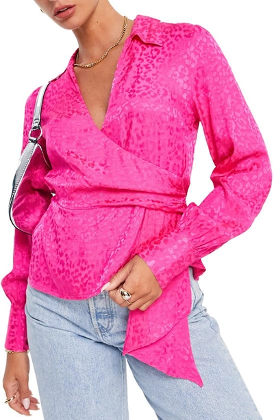 Topshop Jacquard Wrap Front Top In Bright Pink