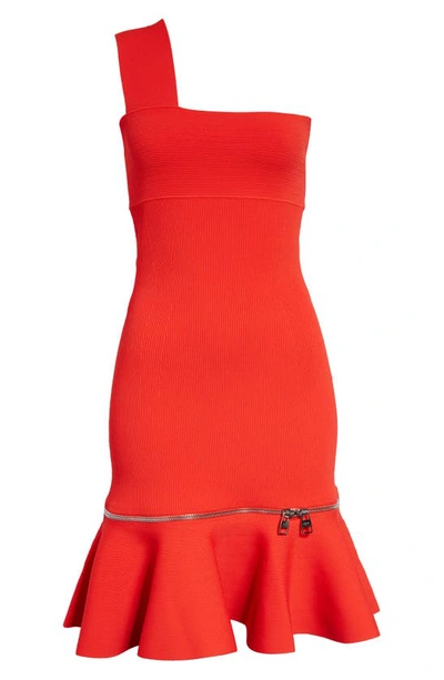 Alexander Mcqueen One Shoulder Knit Peplum Dress In Lust Red