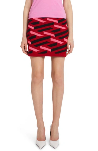 Versace La Greca Monogram Wool Miniskirt In Parade Red Fuxia