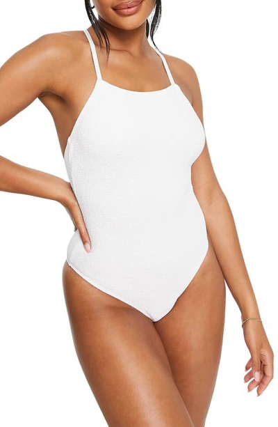 Topshop Crinkle Square Neck High Leg Swimsuit In White