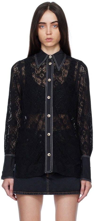Ganni Lace-panel Recycled Polyester And Cotton-blend Shirt In Black