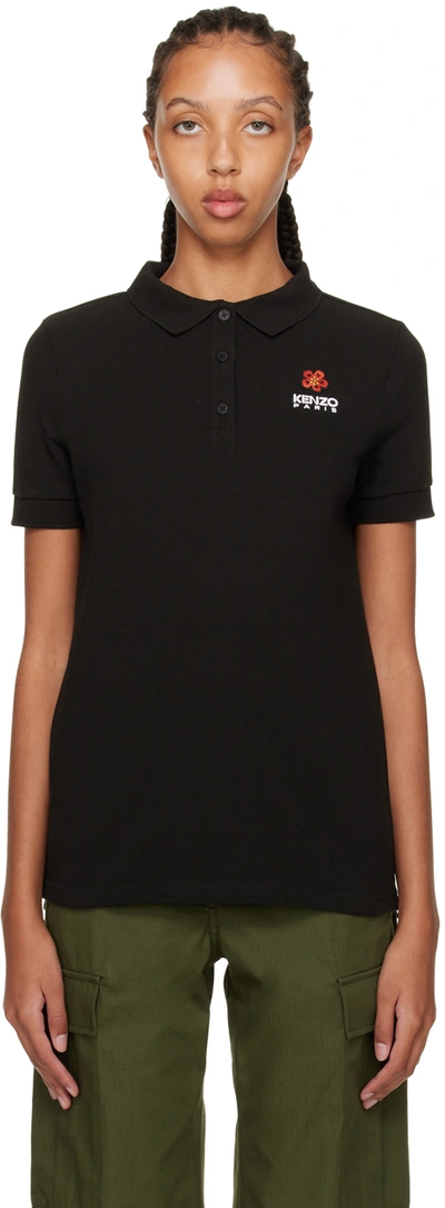 Kenzo 'boke Flower Crest' Embroidered Slim-fit Polo Shirt In Black