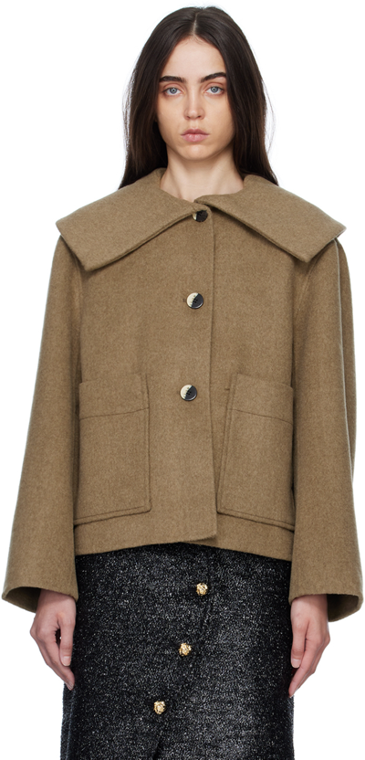 Ganni Platter Collar Flare Sleeve Wool Blend Jacket In Brown