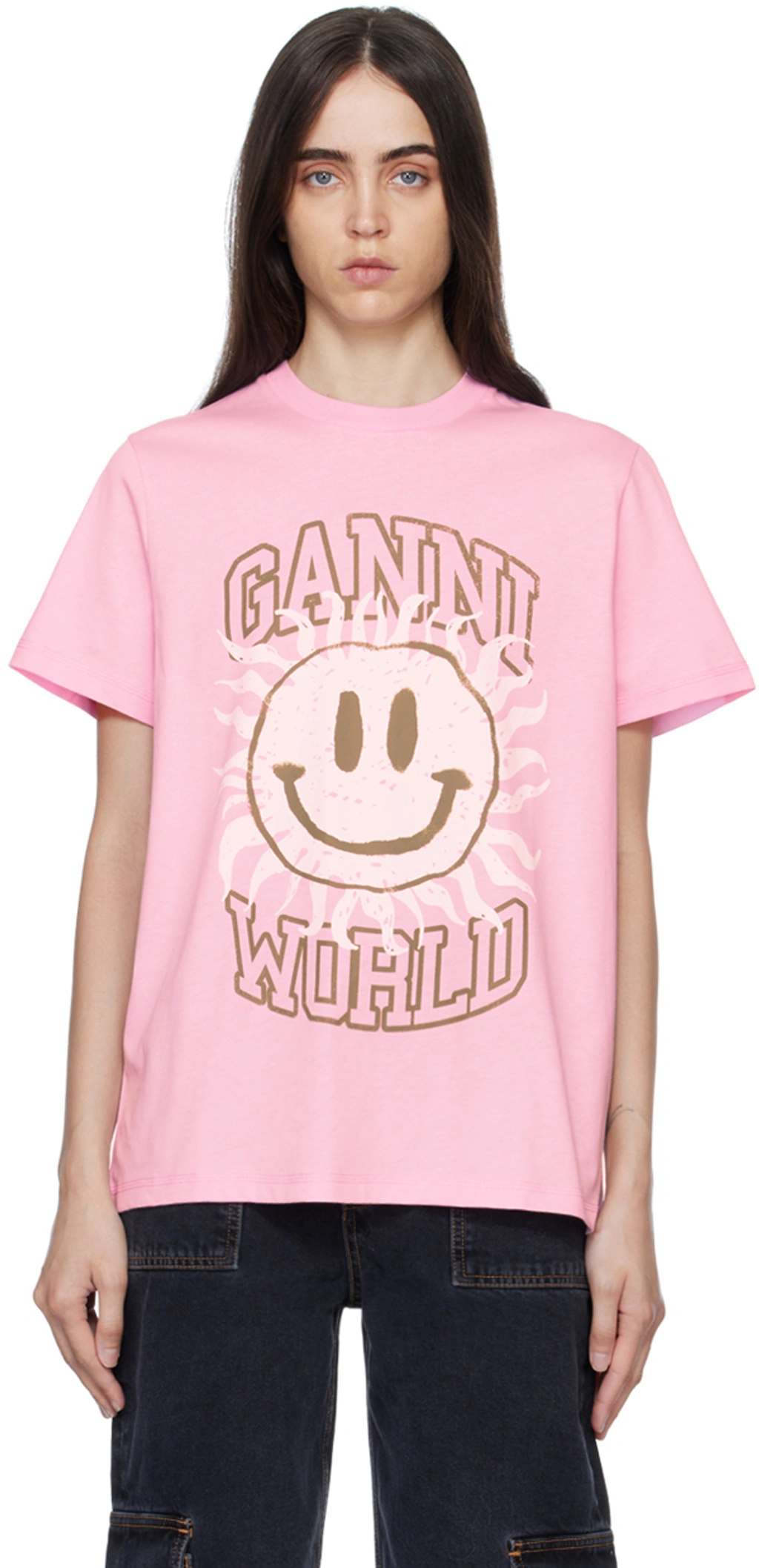 【GANNI】JERSEY SMILEY RELAXED T SHIRT Ganni Basic Smiley Relaxed Jersey T-shirt In Pink | ModeSens