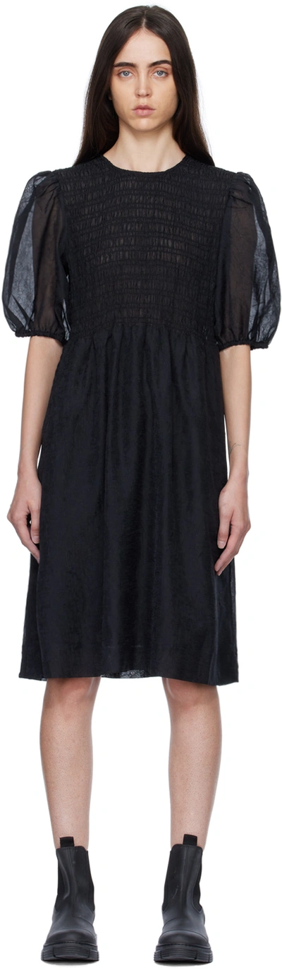 Ganni Crinkled Georgette Smocked Midi-dress In Black