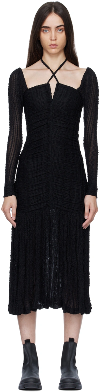 Ganni Halter Neck Long Sleeve Stretch Lace Midi Dress In Black