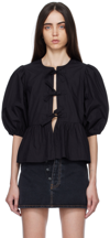 Ganni Poplin Front-tie Peplum Blouse With Puffed-sleeves In 099 Black