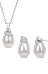 Delmar Sterling Silver 6.5–7mm Cultured Freshwater Pearl Diamond Necklace & Earrings Set In White