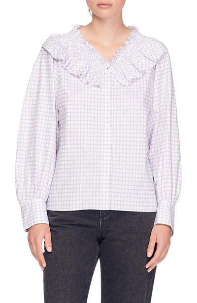 Sandro Devie Ruffle Bib Cotton Button-up Blouse In White Purple