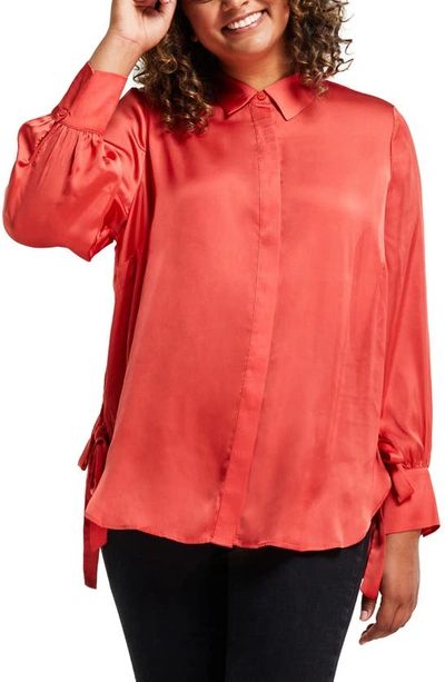 Estelle Tyrone Satin Button-up Tie Blouse In Red
