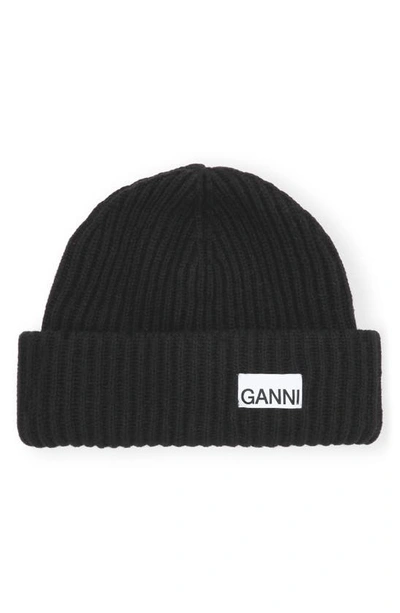Ganni Structured Rib Wool Blend Beanie In Black